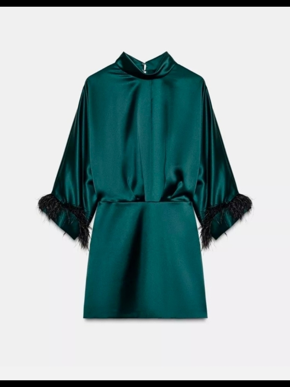 Zara Forest Green Satin Mini Dress with Feather Cuffs - Picture 6 of 8
